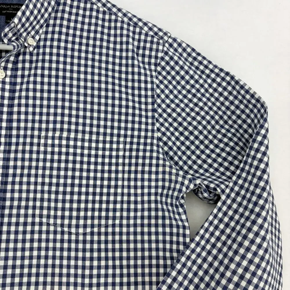 Banana Republic Navy Gingham Check Slim Fit Button Down Shirt Men's L